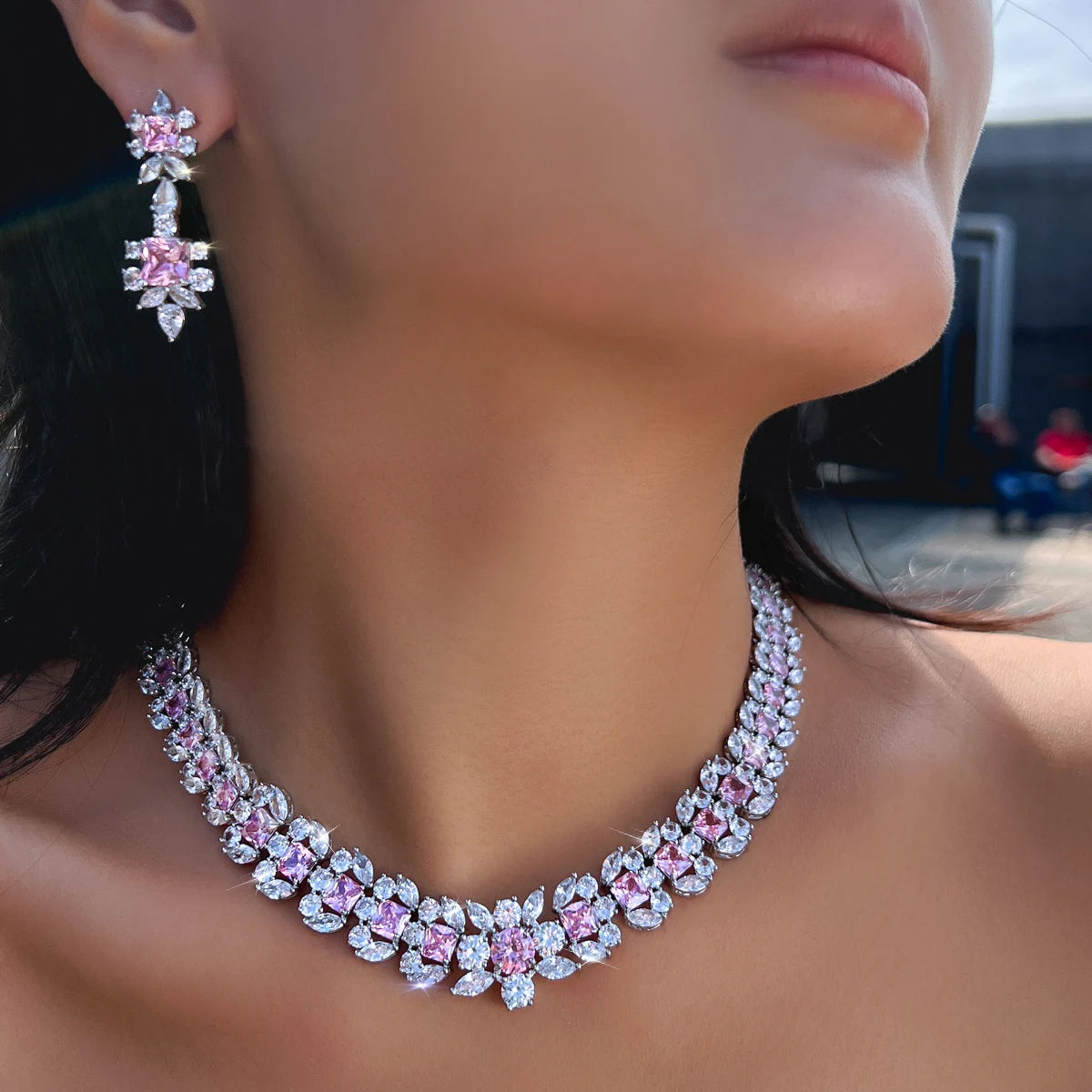 Rhodium Plated Geometric CZ Jewelry Set Pink Square Cubic Zircon Leaf Tennis Necklace Earrings Jewelry Set for Women Party Gift