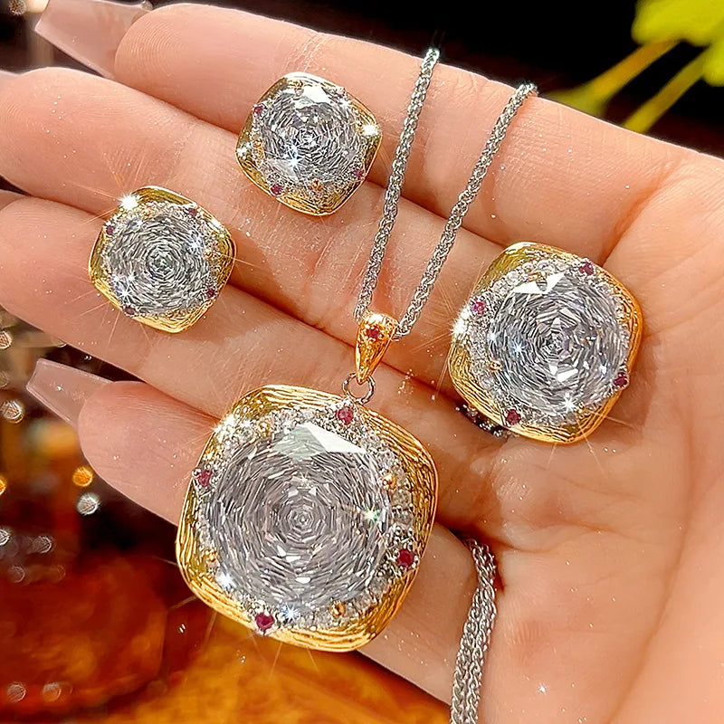 REDheart Fashion Trendy Flower Design Zircon Brilliant Cut 18K Gold Plated Women's Retro Suit Accessories Copper Set Brushed Road Opening