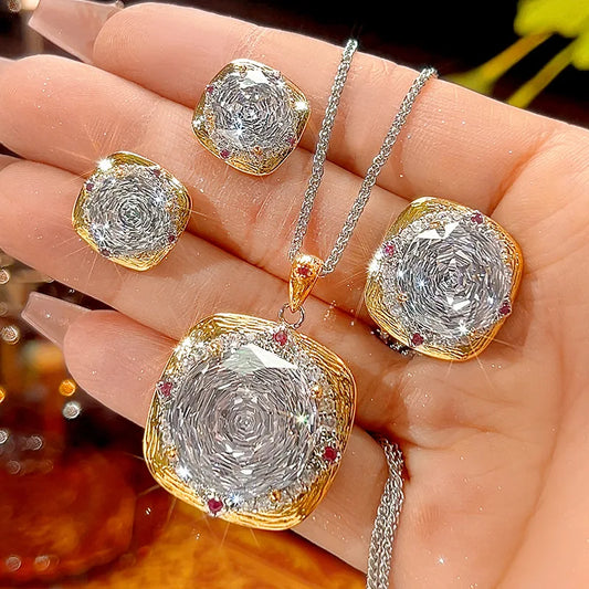 REDheart Fashion Trendy Flower Design Zircon Brilliant Cut 18K Gold Plated Women's Retro Suit Accessories Copper Set Brushed Road Opening