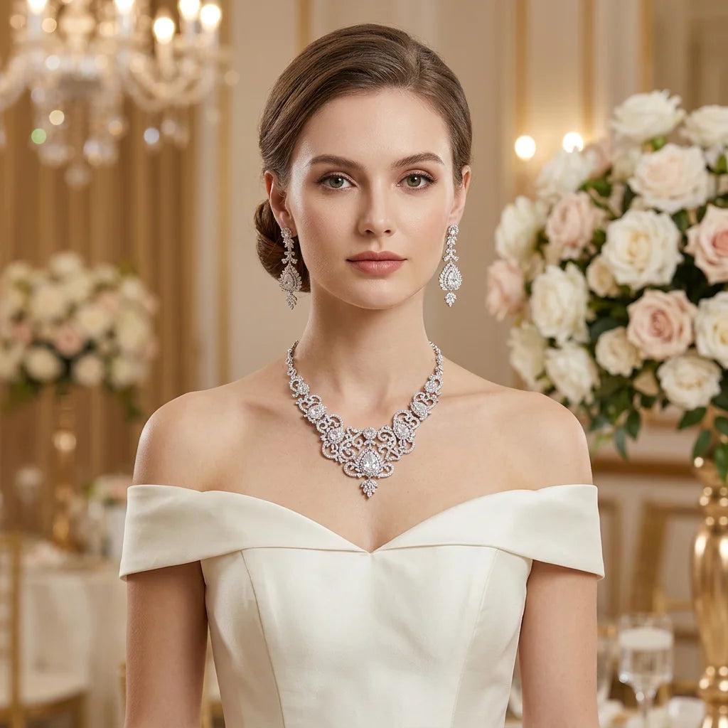 Bella Viva Luxury Elegant Cubic Zirconia Necklace & Earring Set, Platinum Plated Brass for Wedding, Gala & Red Carpet Events