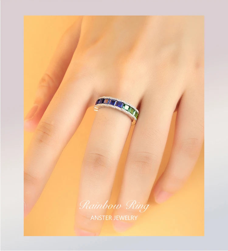 Gemfiori New Arrival Eternity Band Ring Sterling 925 Silver Rainbow Diamond Rings for Women Christmas Gift Envio Gratis