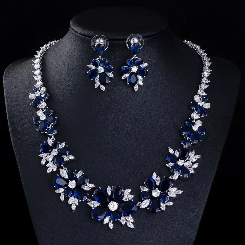 XM S307 Brass Silver Plated Red Zircon Floral Statement Necklace and Drop Earrings Jewelry Set for Women Wedding