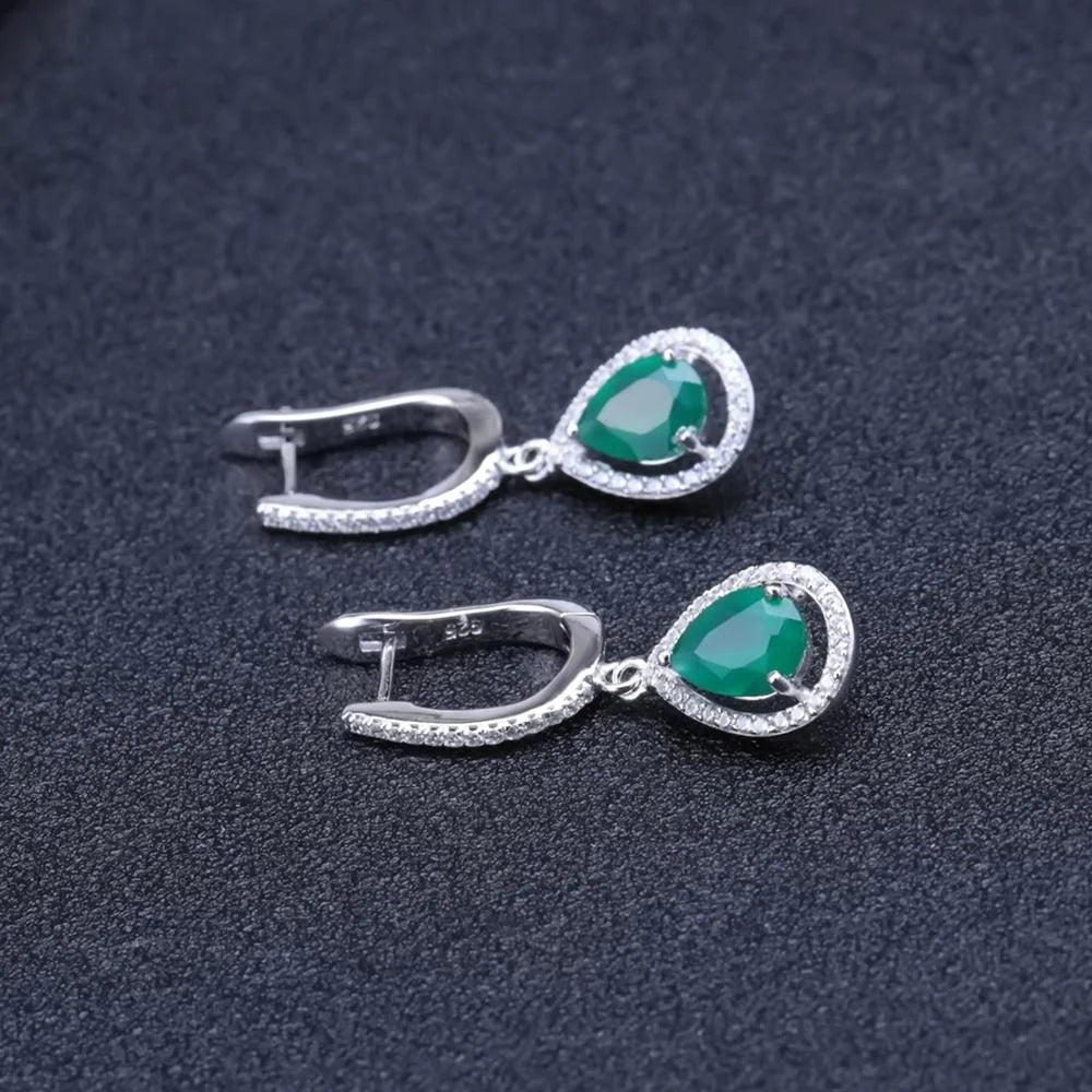 ArtistA Delicate Elegant 925 Sterling Silver White CZ Natural Pear Green Agate Stone Halo Earrings Stone Drop Earrings Jewelry