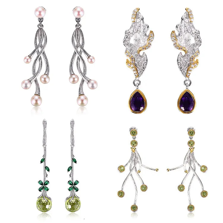 Bark Grain Amethyst Stone 925 Sterling Silver Vintage Pendant Earrings with 18K Gold Plated Finish for Women