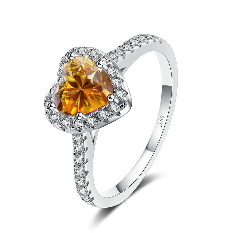 Wholesale Fine Jewelry S925 Sterling Silver Love Heart Ring Light Luxury 1Carat Colorful Heart Shaped Moissanite Engagement Ring