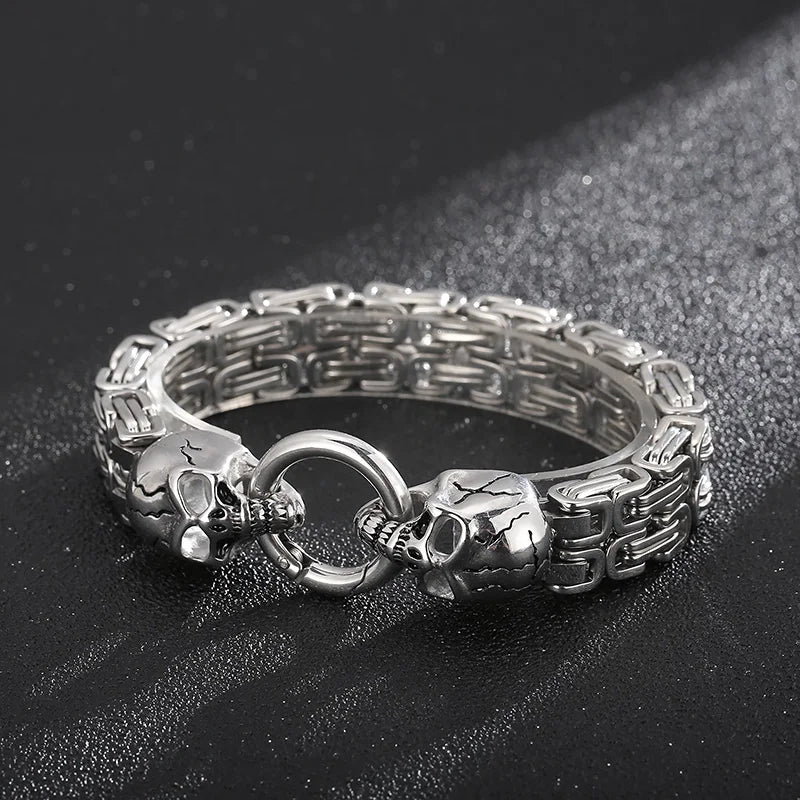 KALEN Mens 230mm Punk Stainless Steel Skull Charm Byzantine Link Bracelet