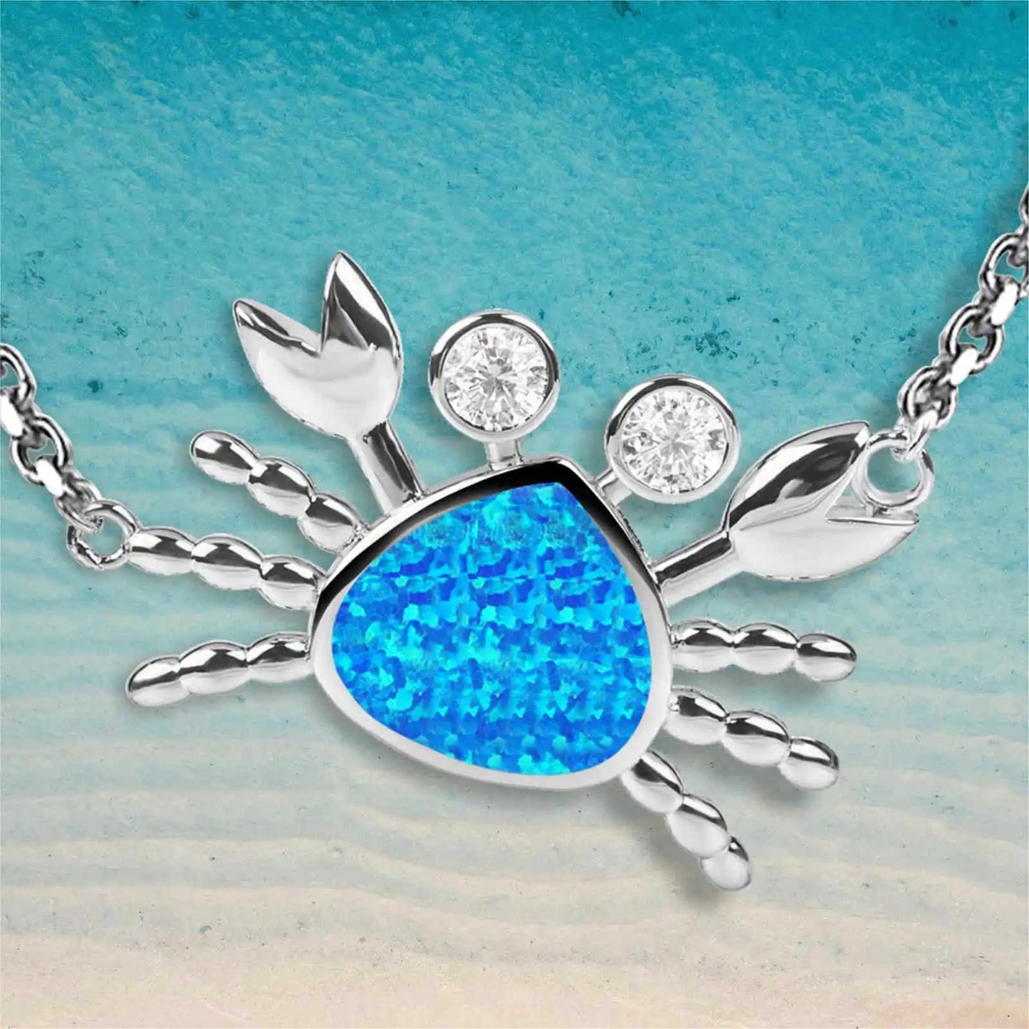 Cute Crab Opal Copper Silver Plated Link Chain Sweater Necklace-Trendy Hawaiian Sea Style Colorful Gem Jewelry Bulk Supply