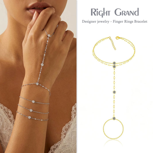 Layered O Link Chain Cubic Zirconia Finger Bracelet  Gold Plated Stainless Steel Hand Chain Minimalist Luxury Jewelry Women