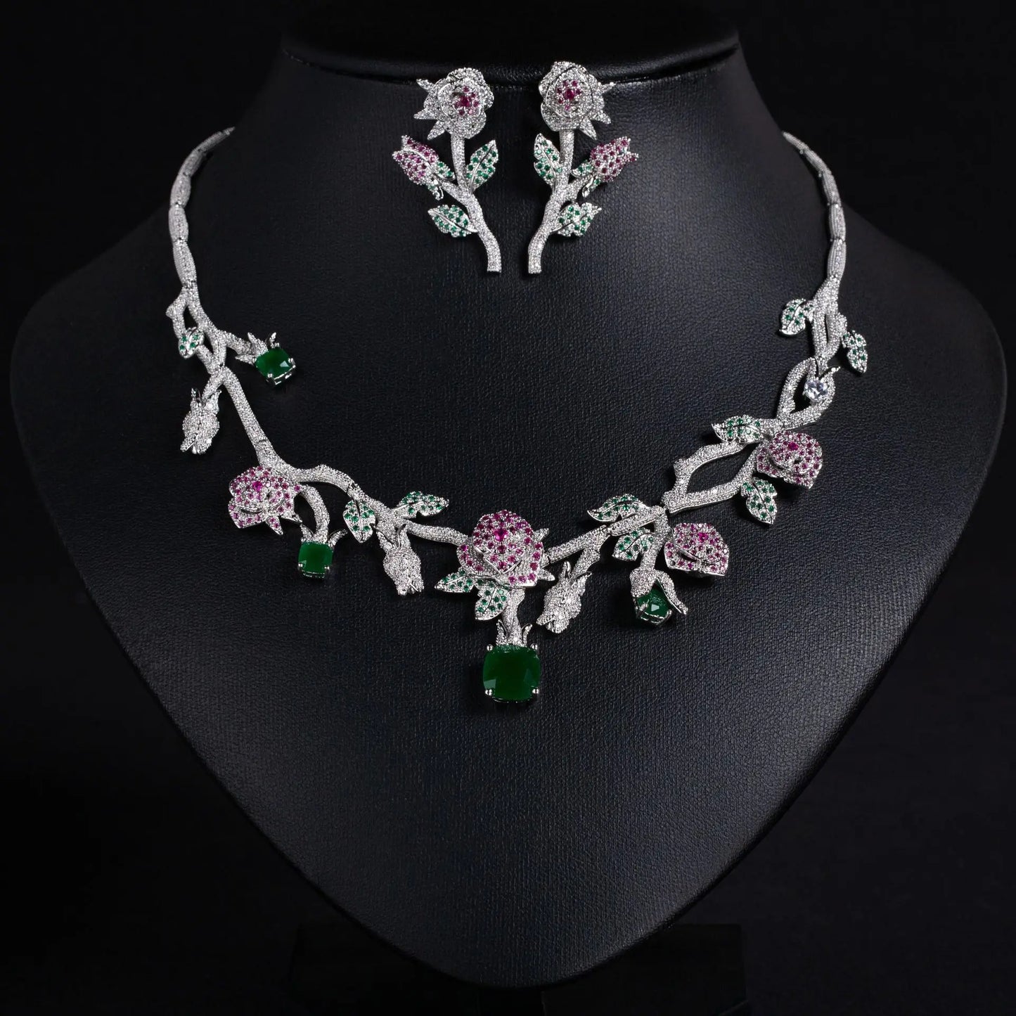 XM S226 Platinum Plated Princess Cut Zircon Rose Flower Statement Necklace & Drop Earrings Bridal Set