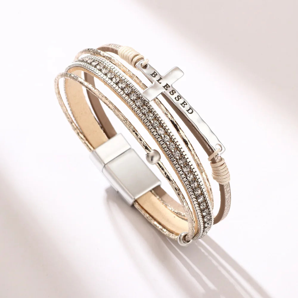 FASHIONISTA Women's Bohemian Cross Charm Bracelet Alloy Micro Diamond Channel Set Magnetic Buckle Customizable Light Luxury Okp