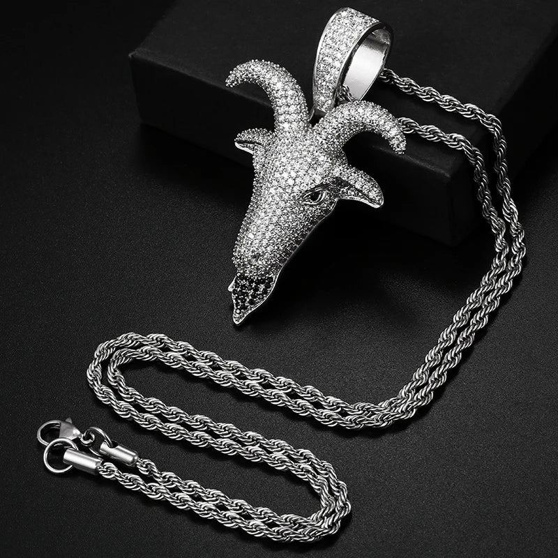 BiG-BOSS Hip Hop Full CZ Diamond Jewelry Gold Plated Brass Goat Head BlingBling Pendant Charms Rope Chain Necklace for Men Women