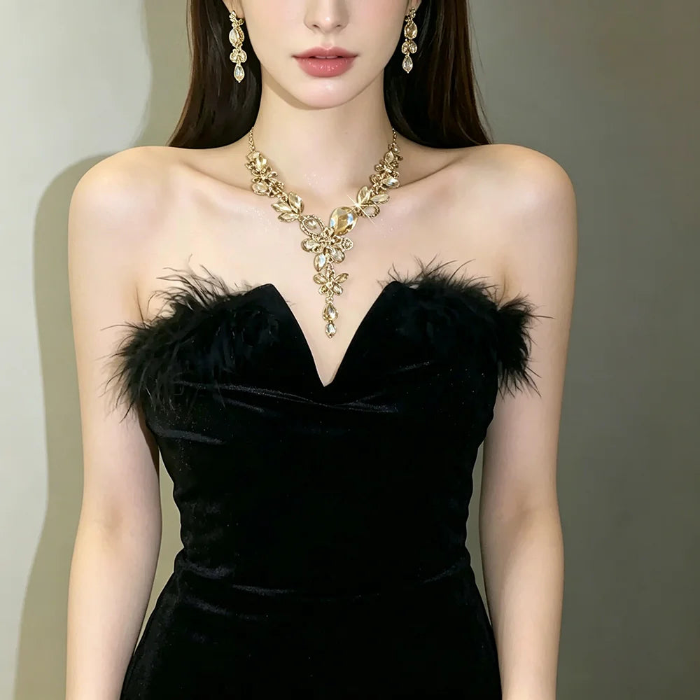 XM S385 Gold Plated Marquise Cut Champagne Zircon Floral Teardrop Pendant Necklace & Drop Earrings Set