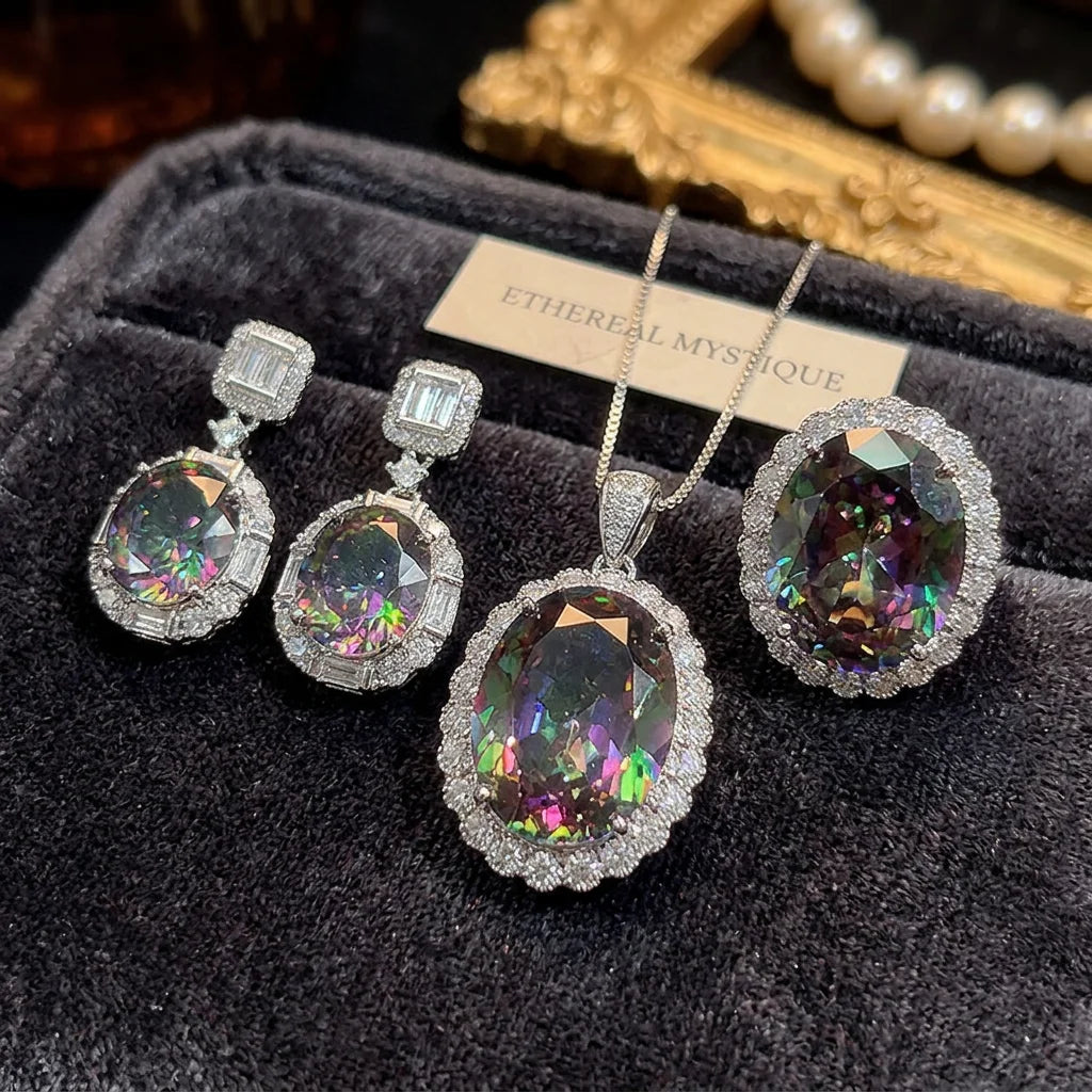 S&S Oval Cut CZ Vintage Jewellery Set – Pendant, Ring & Earrings – Gold Plated – Collection