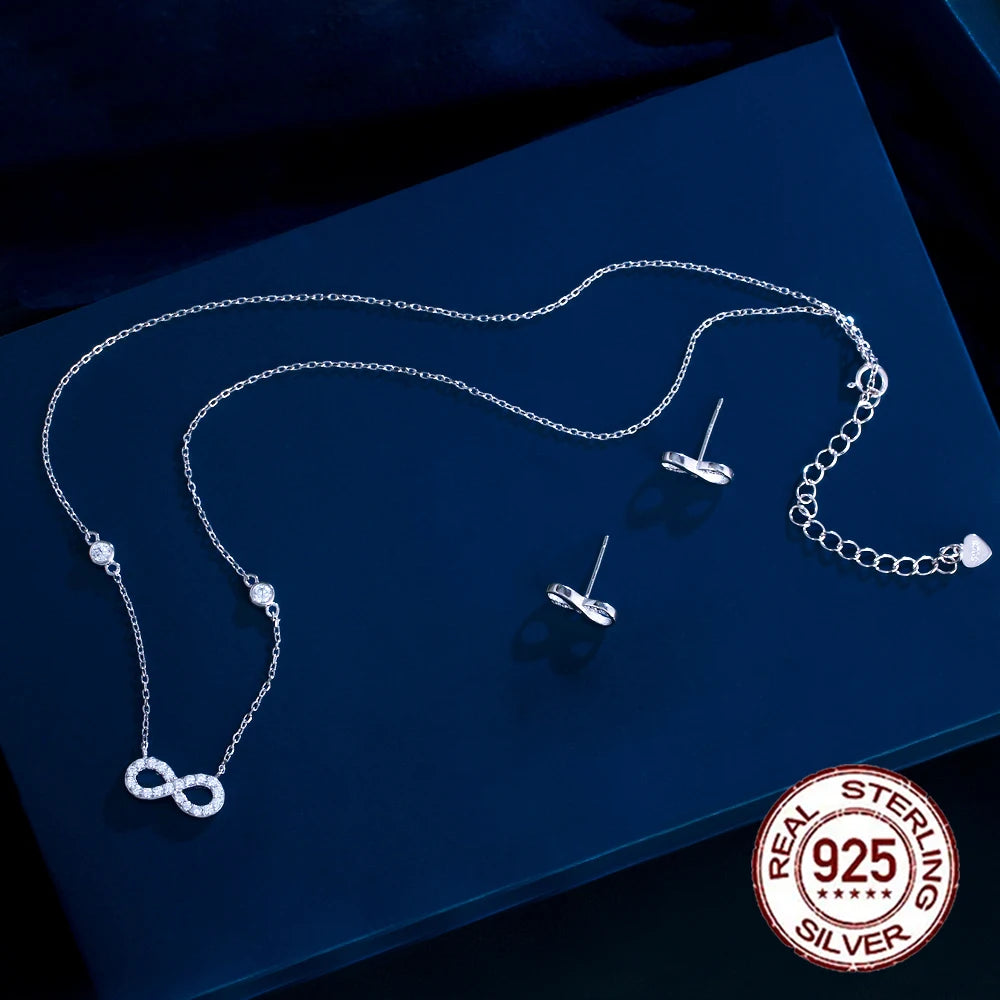Pretty Endless Symbols Shaped Necklace and Earrings Cubic Zircon CZ Real S925 Sterling Silver Jewelry Set for Women Girl Gifts