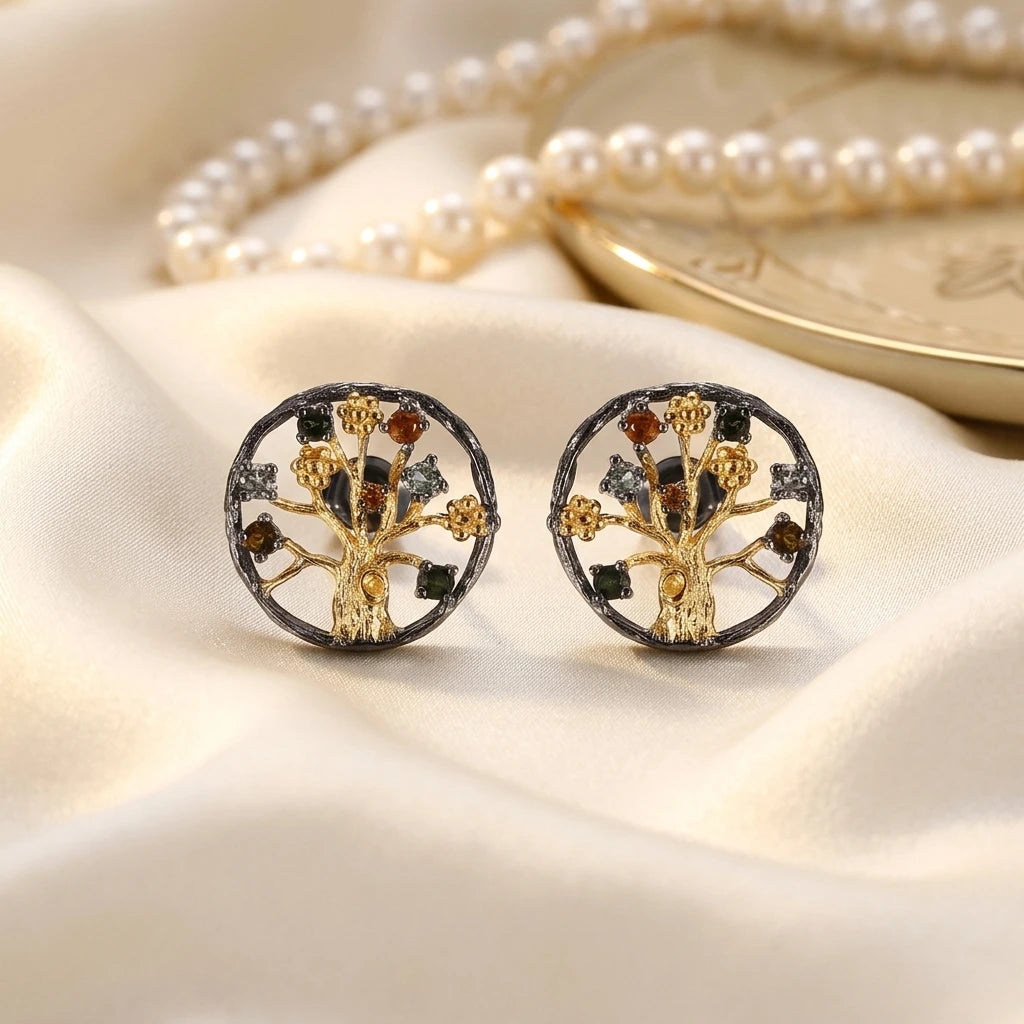 Colourful Tourmaline Tree Design Vintage 925 Silver 18K Gold Plated Pendant Earrings