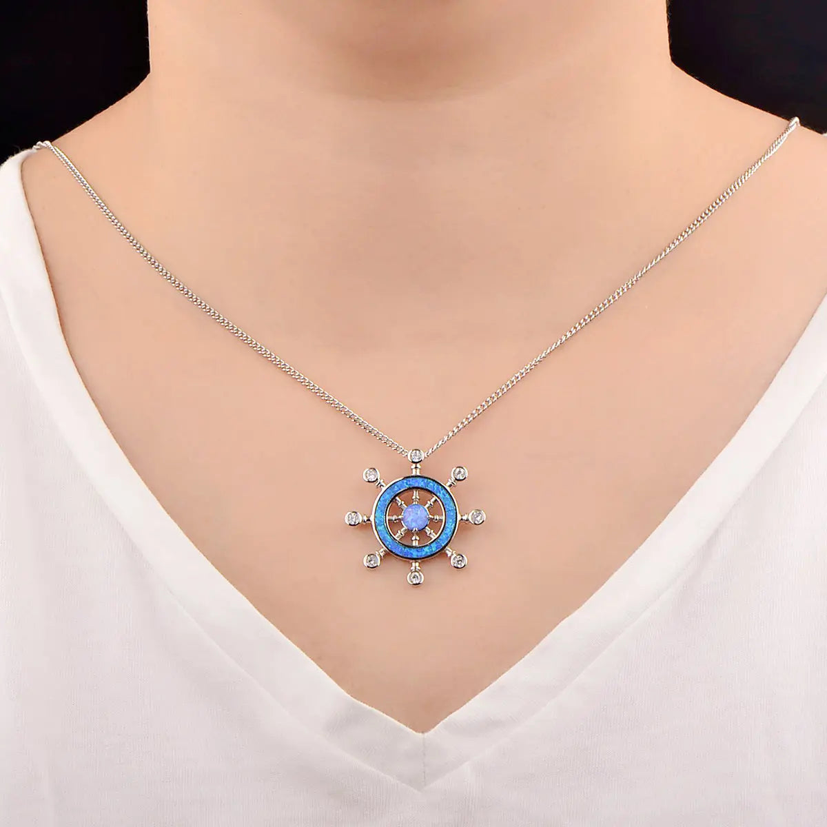 Boho TikTok Trendy Blue Opal Pendant Necklace-Copper Sweater Chain Link Chain Wholesale Jewelry