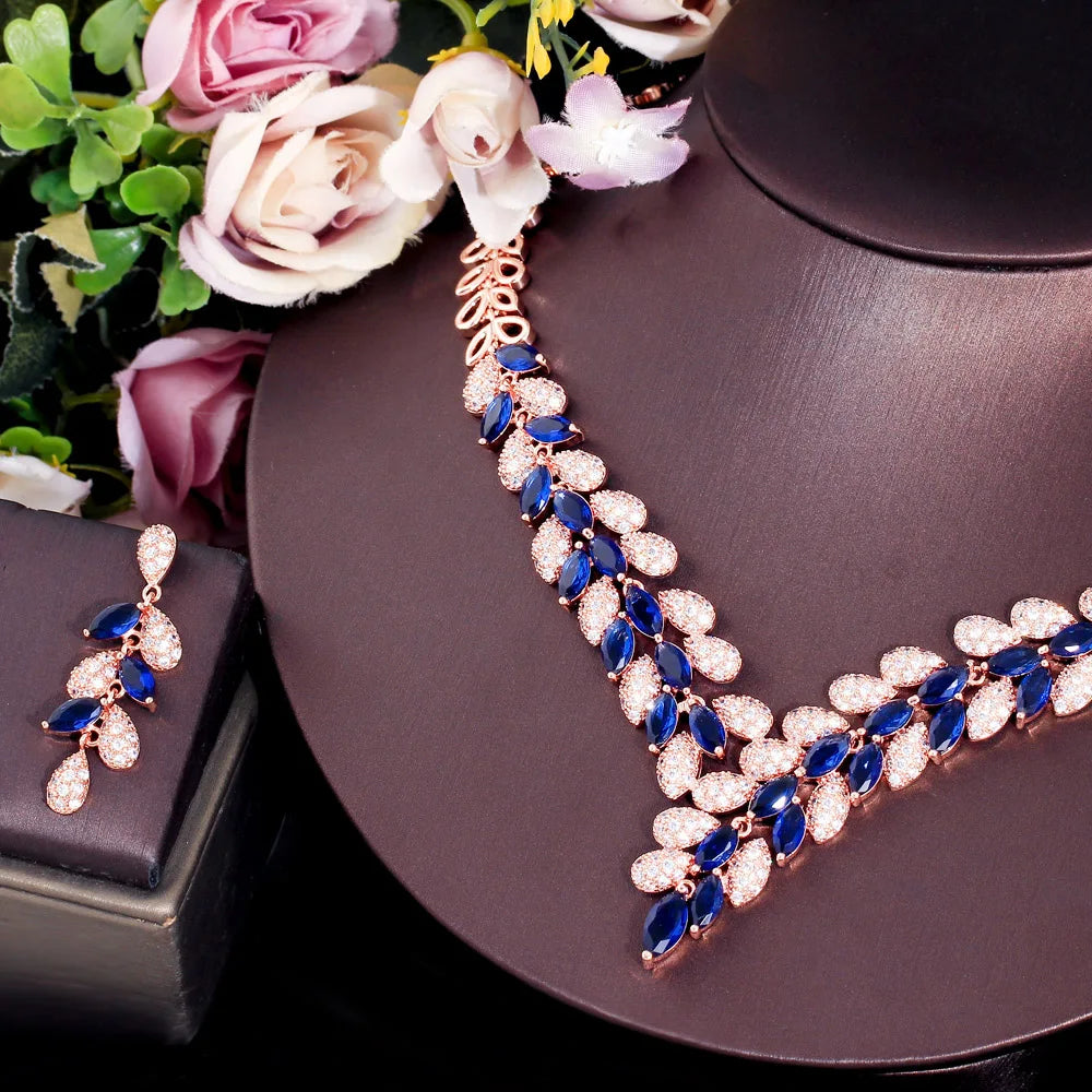 Premium Cubic Zircon Necklace Earring Luxury Leaf Design Dubai Gold Color Jewelry Set for Women Engagement Party Accessories