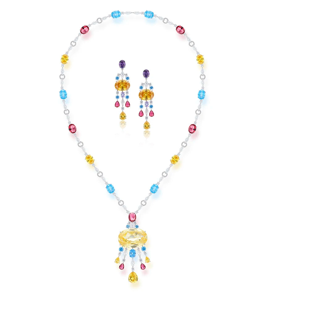 Dubai Fashion Brass Long Color Tassel Pendant Necklace with Earrings Jewelry Set Suitable for Weddings and Gifts