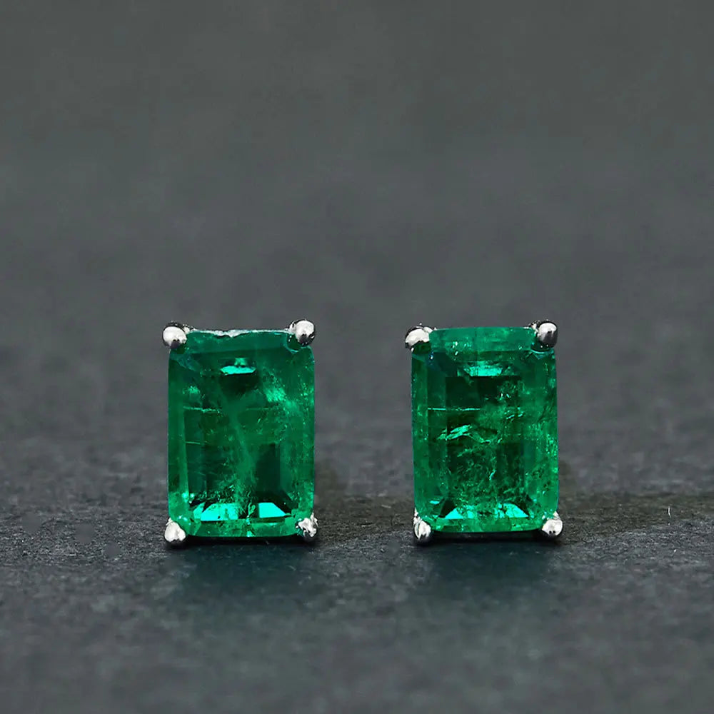 Silverelli | 925 Silver Synthetic Emerald Rectangular Stud Earrings | 5×7mm | 18K Gold Plated