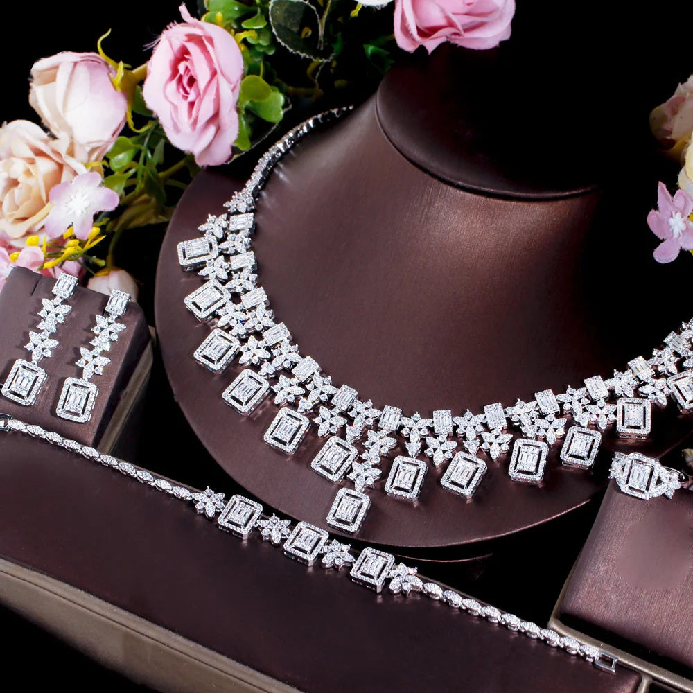 Luxury Saudi Arabia Square Tassel Flower Shaped CZ Jewelry Wedding Drop Earrings Necklace Set for Women Evening Party Accessory