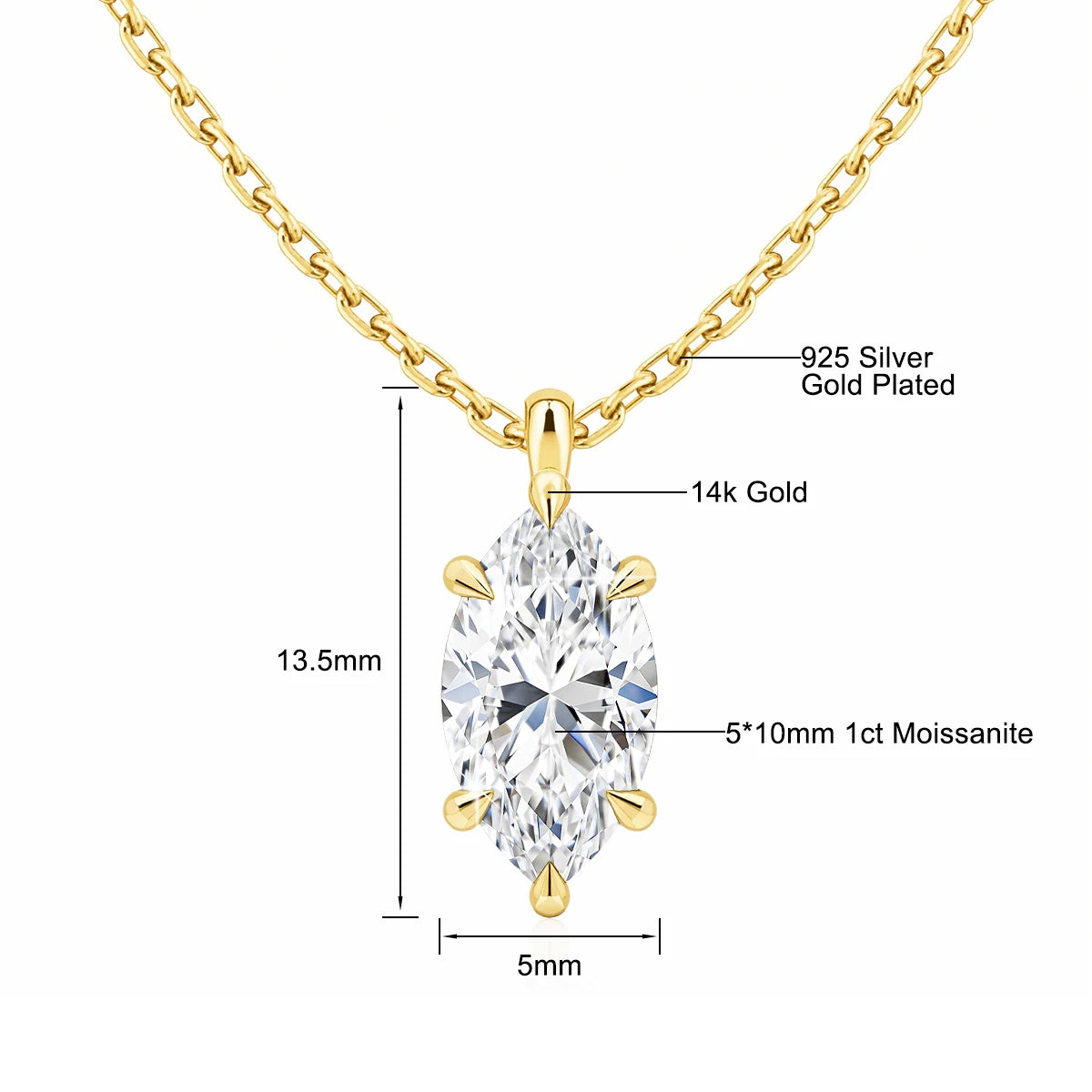 Gemfiori Quality Jewelry Supplier Custom Woman 6 Claws 0.5ct 1ct 2ct Marquise Cut Moissanite Pendant Real 585 14K Gold Jewelry