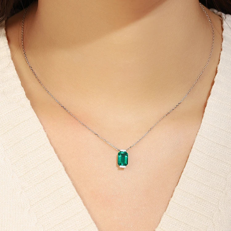 Gemfiori Lab Gemstones Emerald 9*6 Columbia Emerald 18K Gold Pendant Necklace for Womens