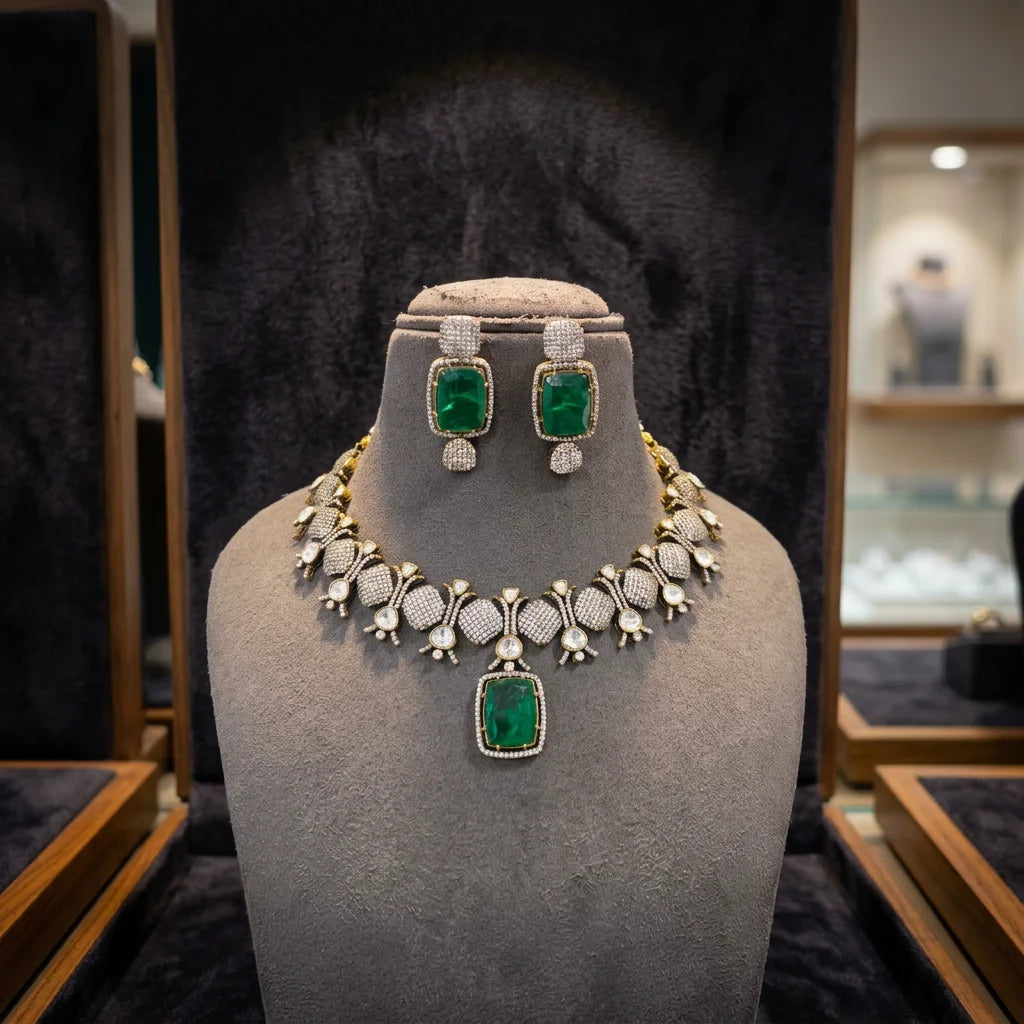 Antique Gold Plated Emerald Green Statement Necklace Set with Matching Earrings Wedding Bridal Party Jewelry Set