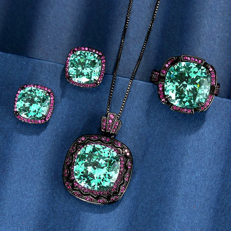 Gemfiori Luxury Dubai Bridal Wedding Boutique Jewelry Set Women's Black Gold Green Zircon Emerald Ring Earrings Pendant Necklace