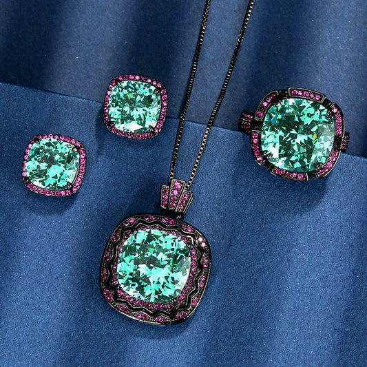 Gemfiori Luxury Dubai Bridal Wedding Boutique Jewelry Set Women's Black Gold Green Zircon Emerald Ring Earrings Pendant Necklace