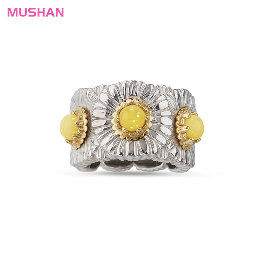 MUSHAN Jewelry Factory Woman Girl 925 Sterling Silver Ring Daisy Flower Design Yellow Agate Red Onyx Carnelian Jewelry Rings