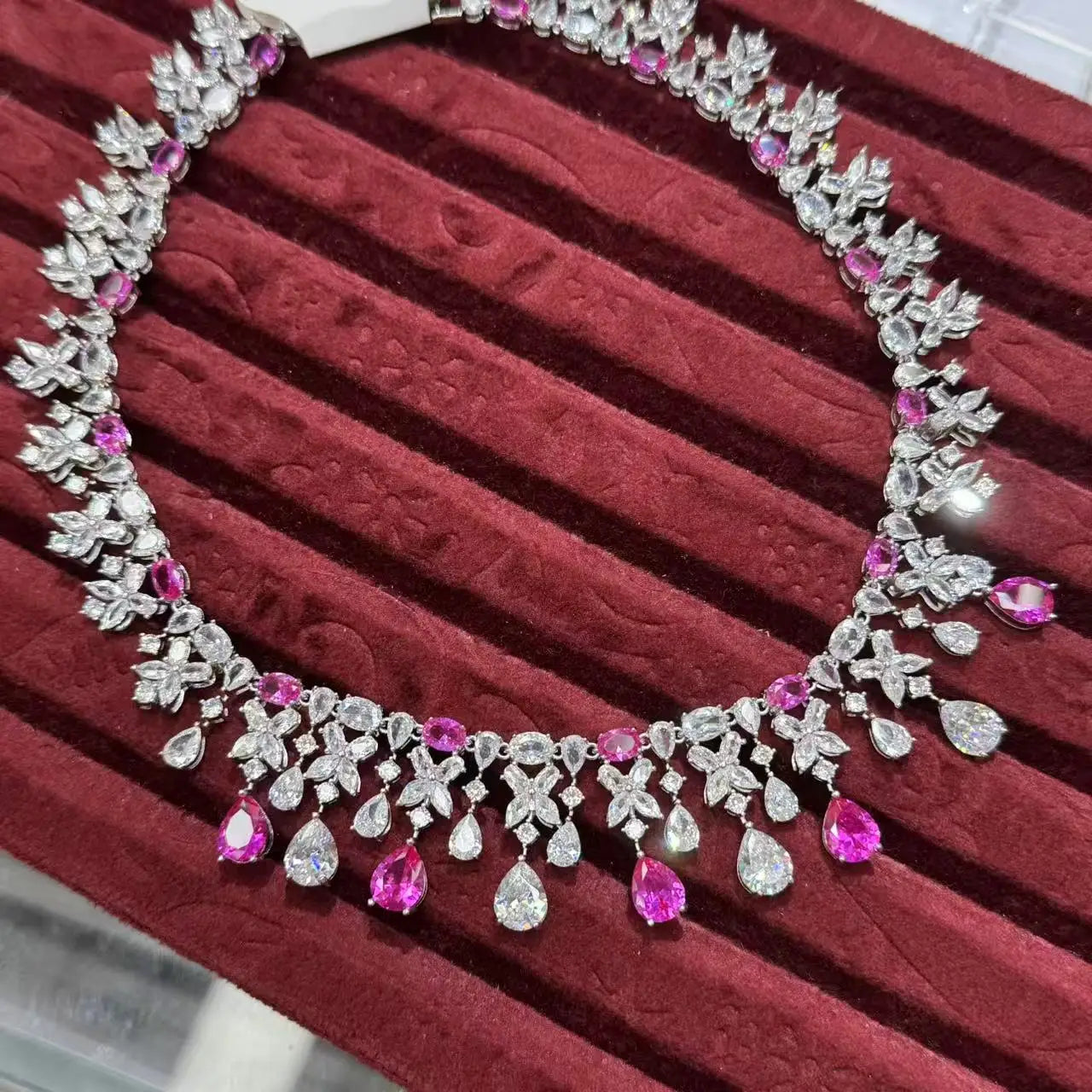Luxury Cubic Zirconia Geometric Necklace & Earrings Bridal Set — Pink, Green & Purple