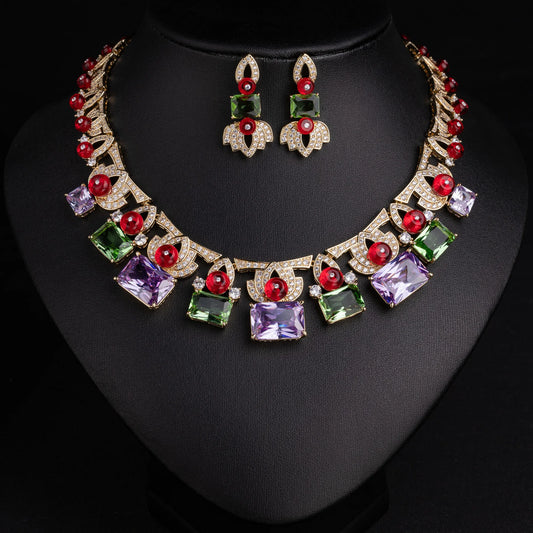 Luxury Colourful Zirconia Vintage Flower Necklace & Earrings Set — Multi, White & Blue