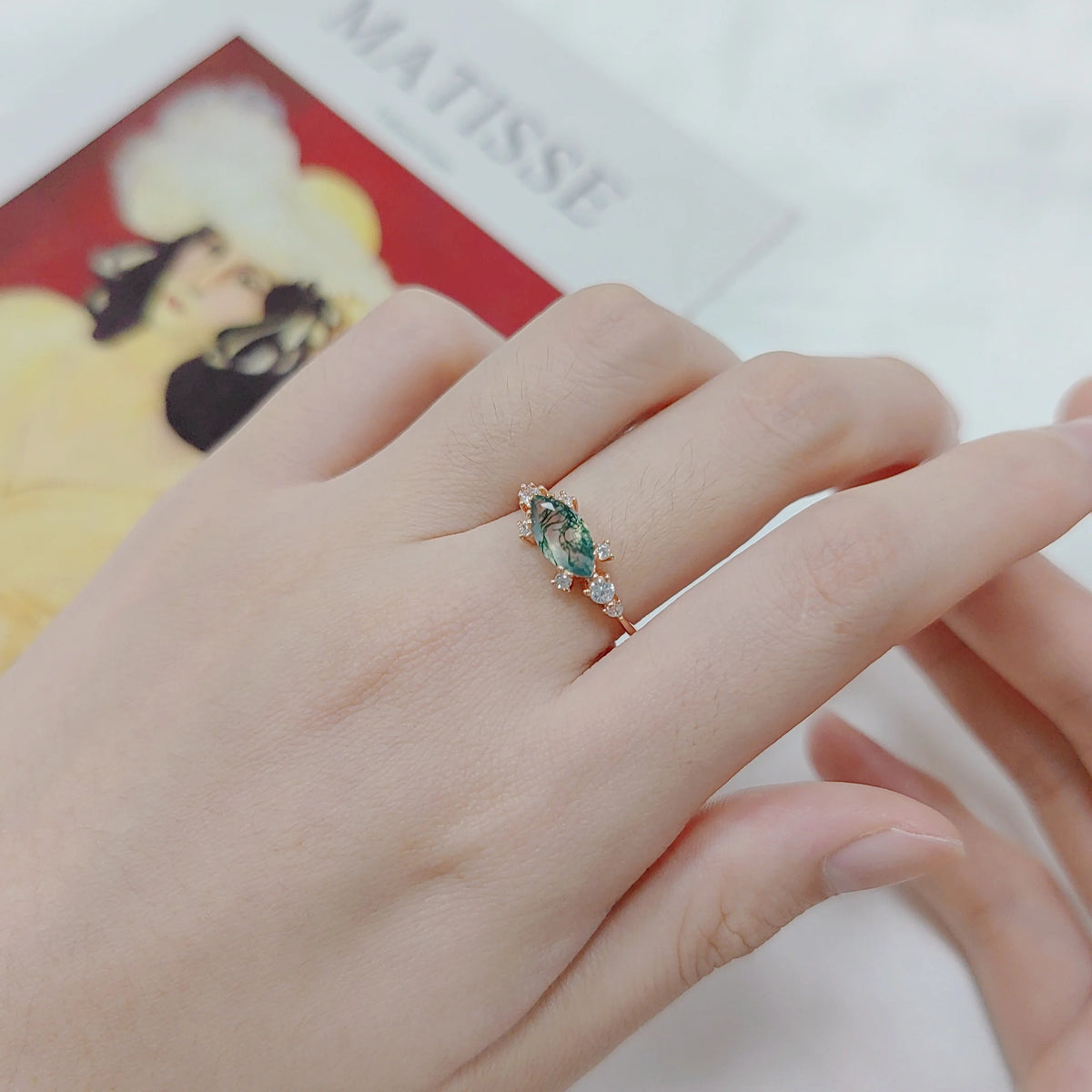 ArtistA Abiding Delicate Summer Jewelry 925 Silver Cubic Zirconia Decoration Natural Green Moss Agate Marquise Cut Ring Necklace Set