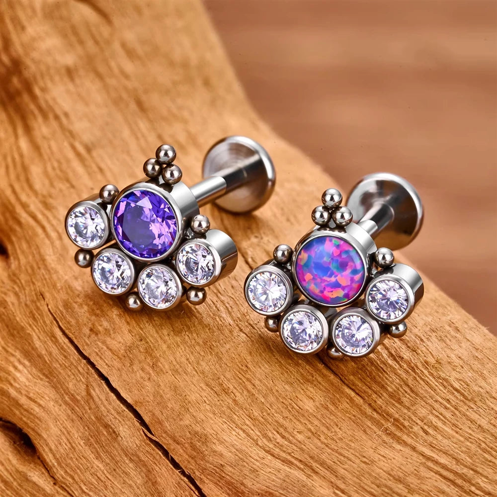 G23 ASTM F136 Titanium Ring CZ Colorful Zircon Lip Ear Claw Spiral Ear Studs Opal Nose Studs Earrings Body Piercing Jewelry
