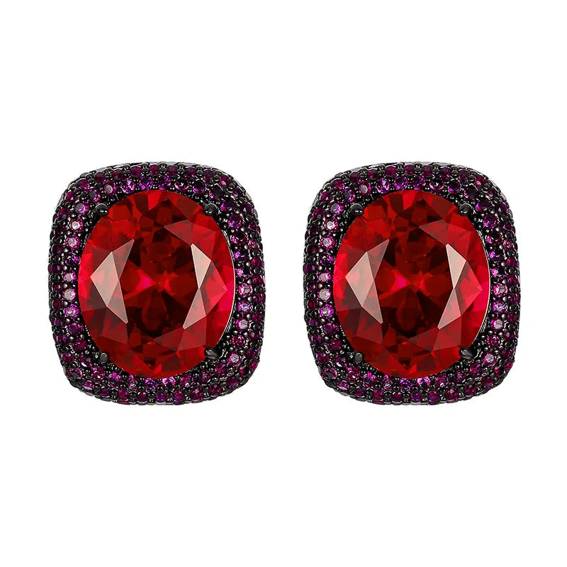 Gemfiori Luxury Vintage Gothic Royal Blue Sapphire Jewelry Set Black Gold Plated Cushion Cut Blue Gem Halo Pendant Necklace Earrings Ring