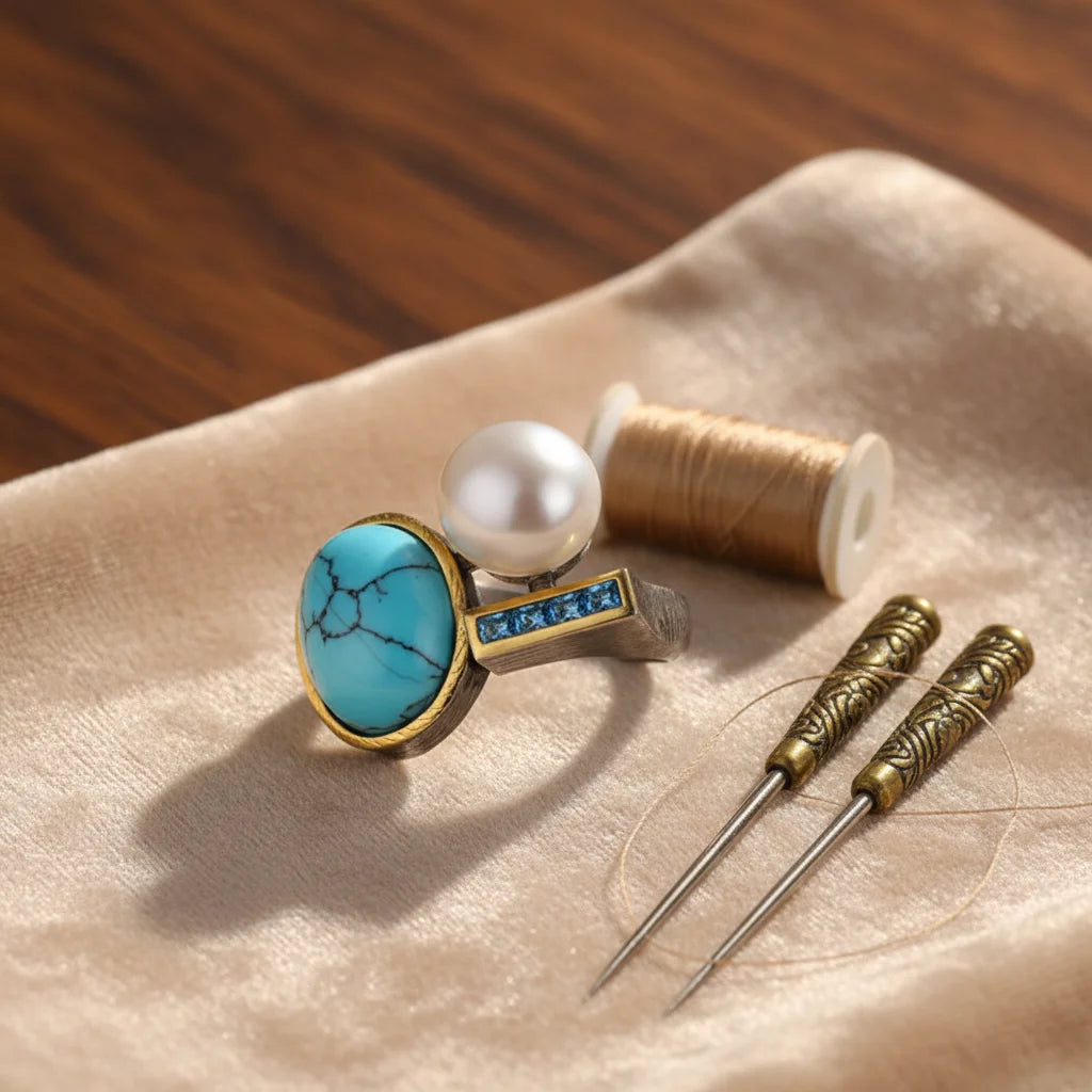 Freshwater Button Pearl 925 Sterling Silver Ring With Synthetic Turquoise Blue Zircon