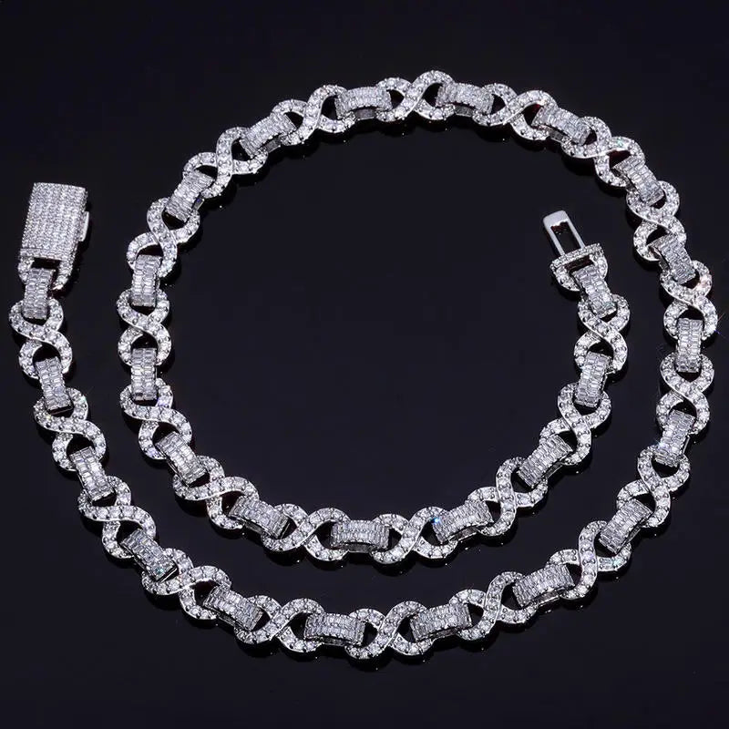 HY Trendy 10mm Geometric Square CZ Infinite Loop Hiphop Bling Bling Necklace Bracelet Set Gold Finish Fashion Sliver Cuban