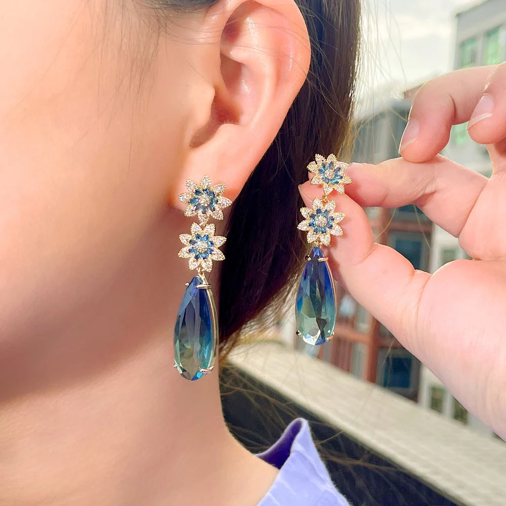 Beautiful Dangly Flower Blue Cubic Zirconia Crystal Long Big Water Drop Earrings for Women Wedding Bridal Gift Jewelry