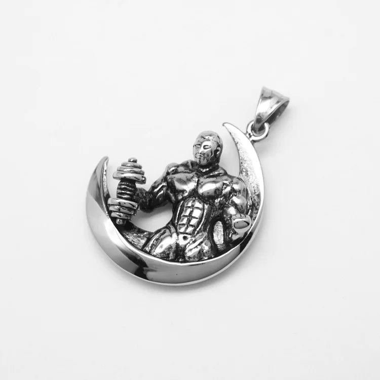 Hip Hop Moon Muscle Male Dumbbell Waterproof Stainless Steel Fashion Pendant Necklaces 18K Gold Plated for Male Man Mens