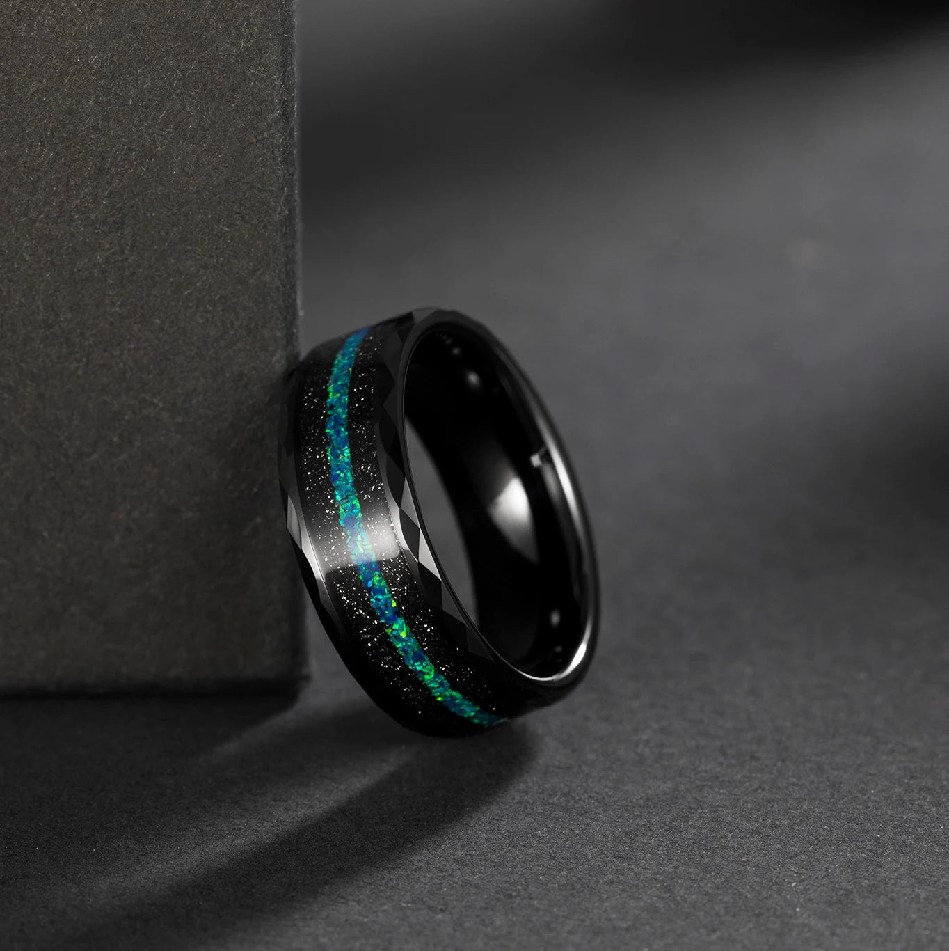 OAHLAN 8mm Mens Multi-Faceted Edge With Black Sand and Green-Blue Opal Inlay Tungsten Carbide Wedding Rings Fashion Jewelry