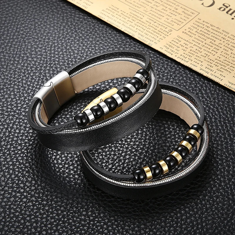 REBEL Mens Bracelets Stainless Steel Cowhide Fashion Jewelry Bead Bracelet Bangles