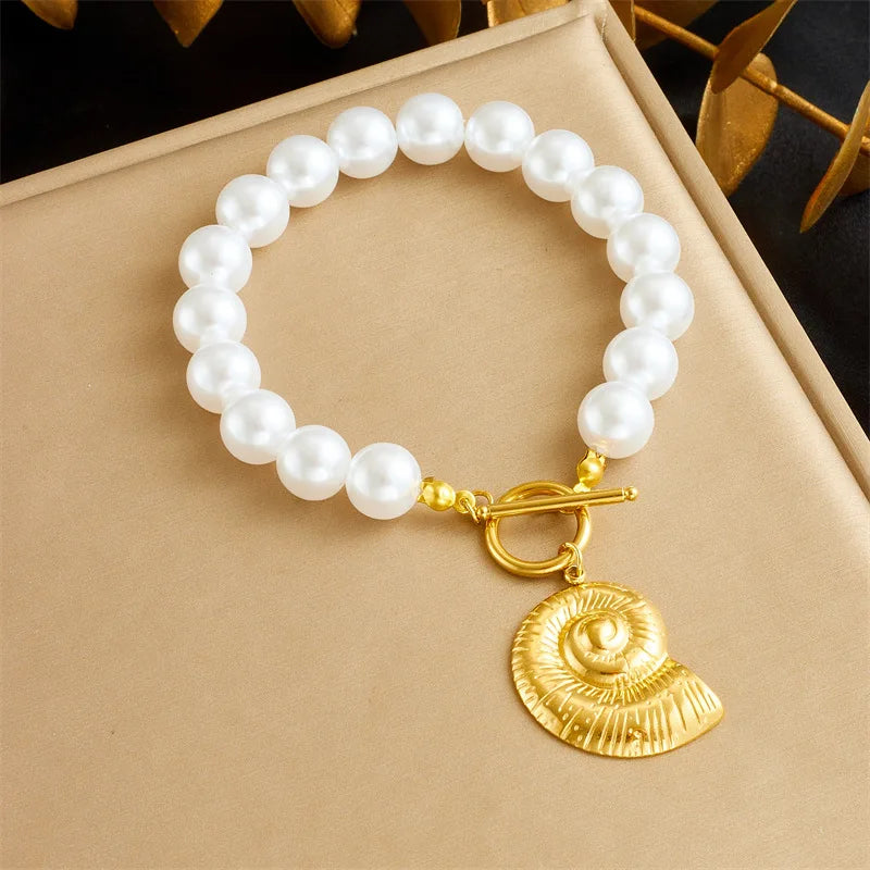 Women's French Vintage Design Pearl Chain Gold-plated OT Clasp Stainless Steel Scallop Starfish Pendant Bracelet Necklace Set