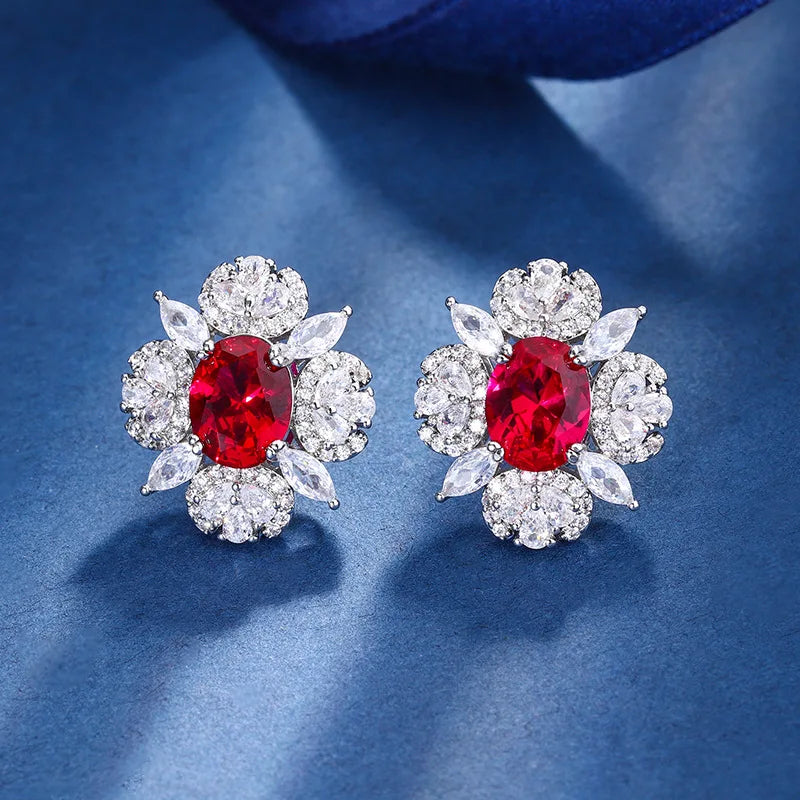 Gemfiori New Jewelry Pomegranate Red Sunflower Pendant Jewelry Hot Selling Zircon Ring Earring Set Holiday Gift