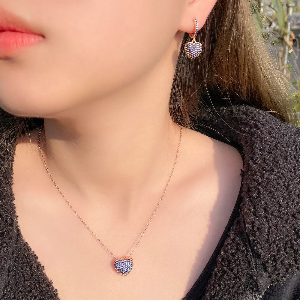 S&S Heart CZ Necklace & Earrings Set – White, Red, Blue & Green – Gold Plated – Collection