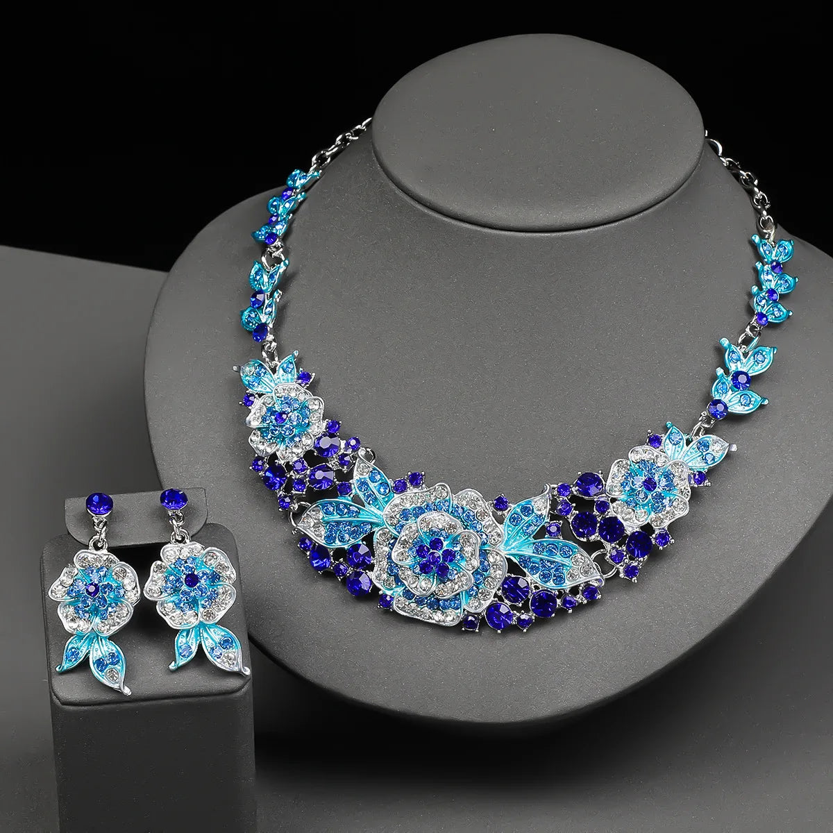 Exaggerated Rose Crystal Necklace & Earrings Set | Bridal Dinner Occasion Jewellery | Red, Blue & Coloured