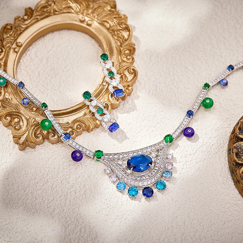 Gradient Blue Bead Necklace Earring Set Zirconia High Quality Brass Jewelry Fashion Sexy Women's Gift