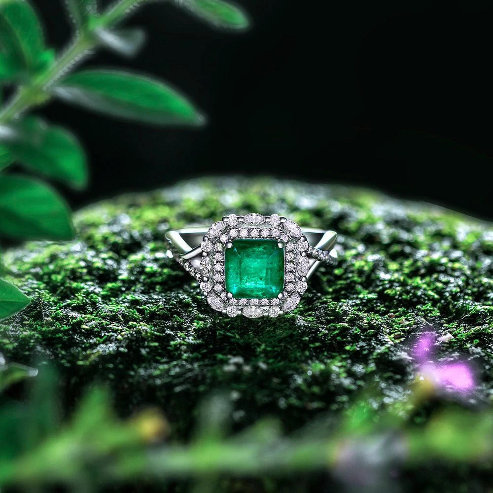 MuShan Jewelry Factory Pure Silver 2ct Synthetic Emerald 7*7 Diamond Ring European and American High Carbon Diamond Ring