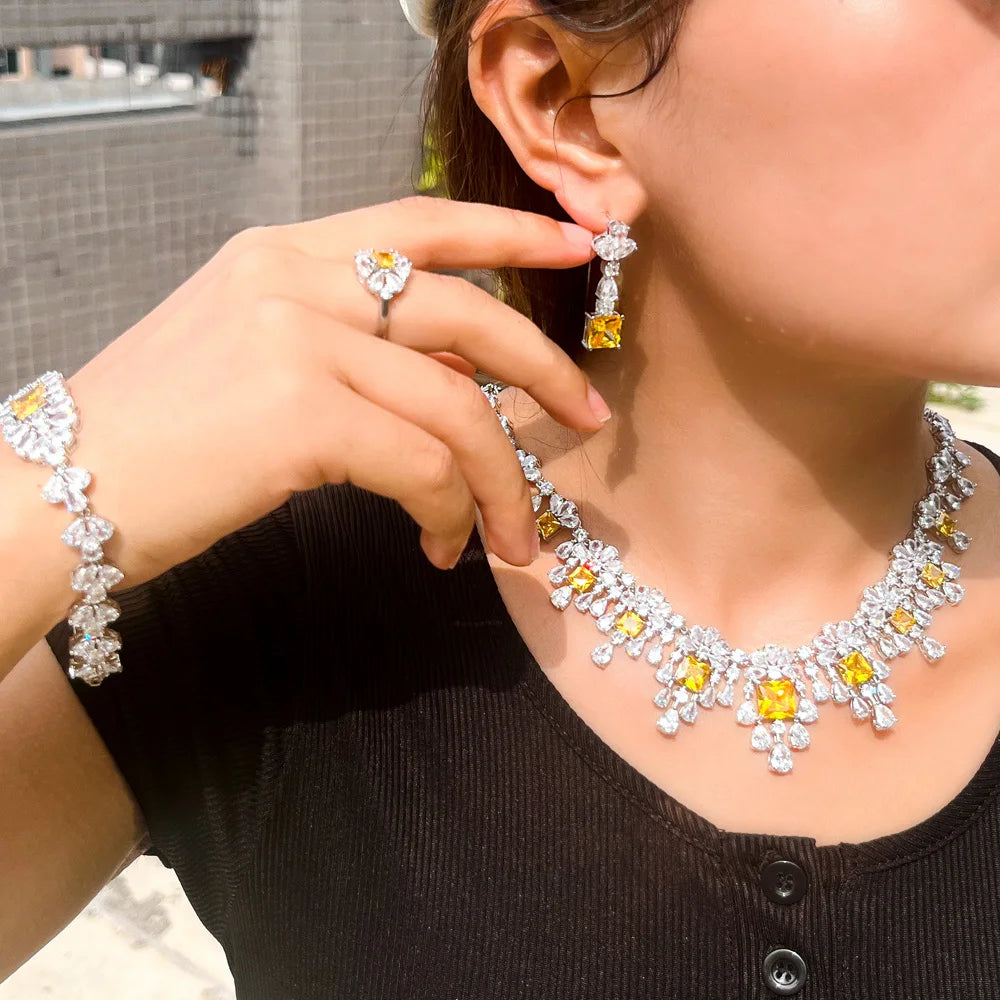 4pcs Big Dubai Cubic Zirconia Flower Fringed Expensive Luxury Chunky Wedding Bridal Necklace Jewelry Sets for Women Jewellery
