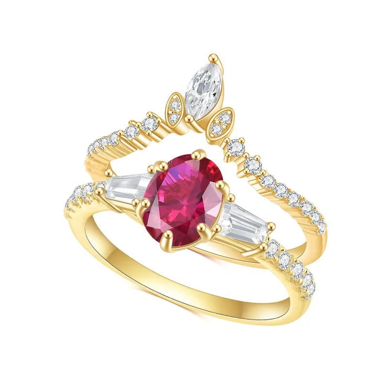 ArtistA Abiding Perfect Match 18K Gold Plated 925 Silver Lab Made Created Ruby Gemstone Rings Set Women Bridal Set