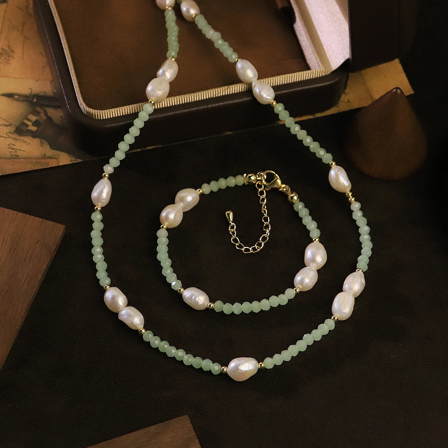 GLSEEVO Natural Freshwater Baroque Pearl & Mint Crystal Beaded Necklace & Bracelet Set — Dainty Office Jewellery
